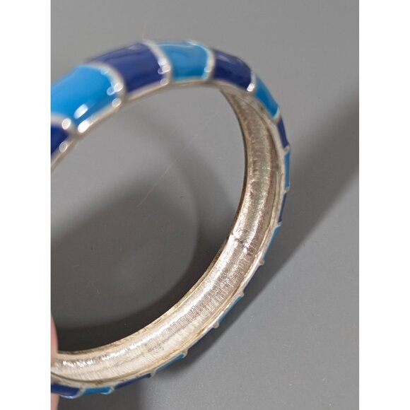Blue Enamel Stripe Bangle Bracelet Silver Tone 8" Coastal Chic - Picture 5 of 7